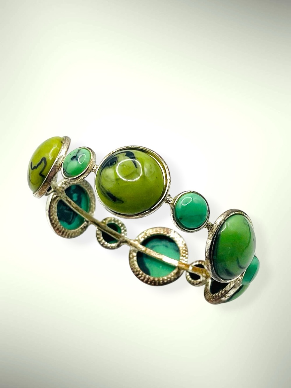 Vintage Silver Green Resin Cabochon Multi-Tone Statement Bangle Bracelet